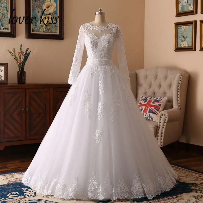 

Lover Kiss Vestidos de Noiva 2019 Beaded Pearls Lace Long Sleeve Wedding Dress 2 in 1 Bridal Gowns Two pieces vestidos de boda