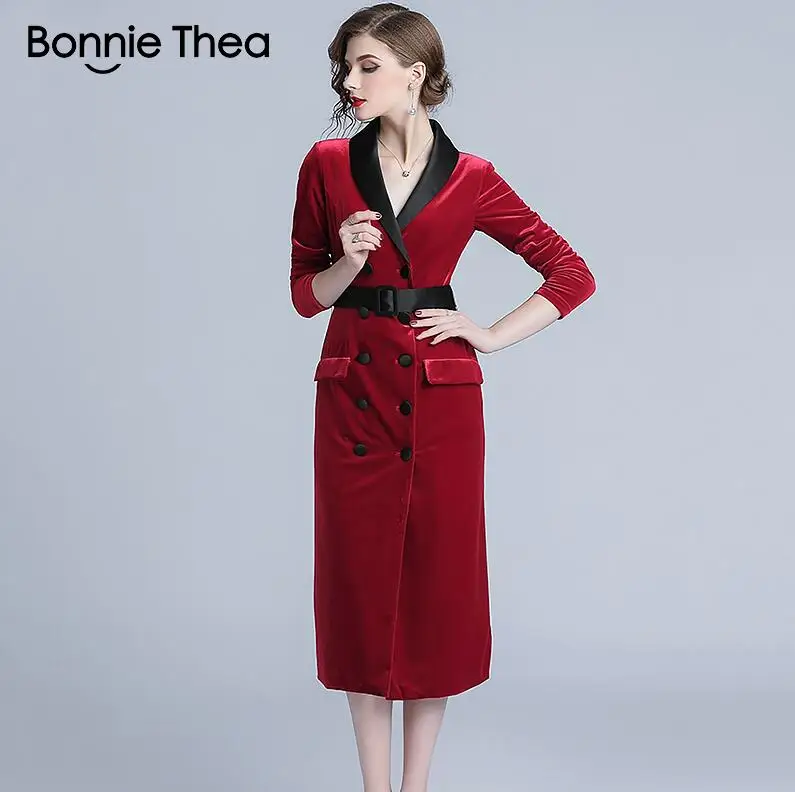Bonnie Thea бархатное Женское зимнее платье, женское черное облегающее платье миди, vestidos, офисные вечерние платья для девушек, женская одежда - Цвет: Бургундия