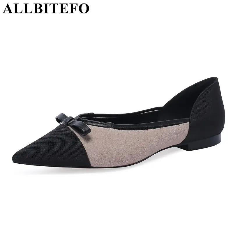 

ALLBITEFO noval genuine leather women shoes low heels shoes pointed toe square heel mixed color comfortable girls ladies shoes