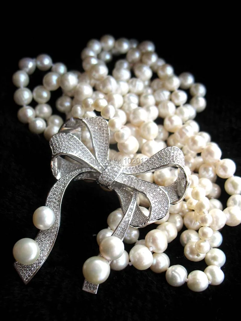 

2rows freshwater pearl white 8-9mm round and bowknot necklace 29-32inch nature FPPJ