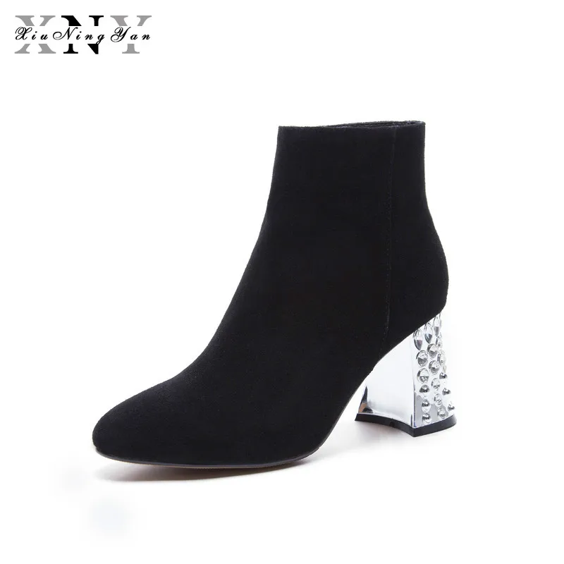 

XiuNingYan 2018 British Style Fashion Boots Women Zipper Ankle Boots Cow Suede Square Ankle Bootsl Autumn Winter Shoes Woman