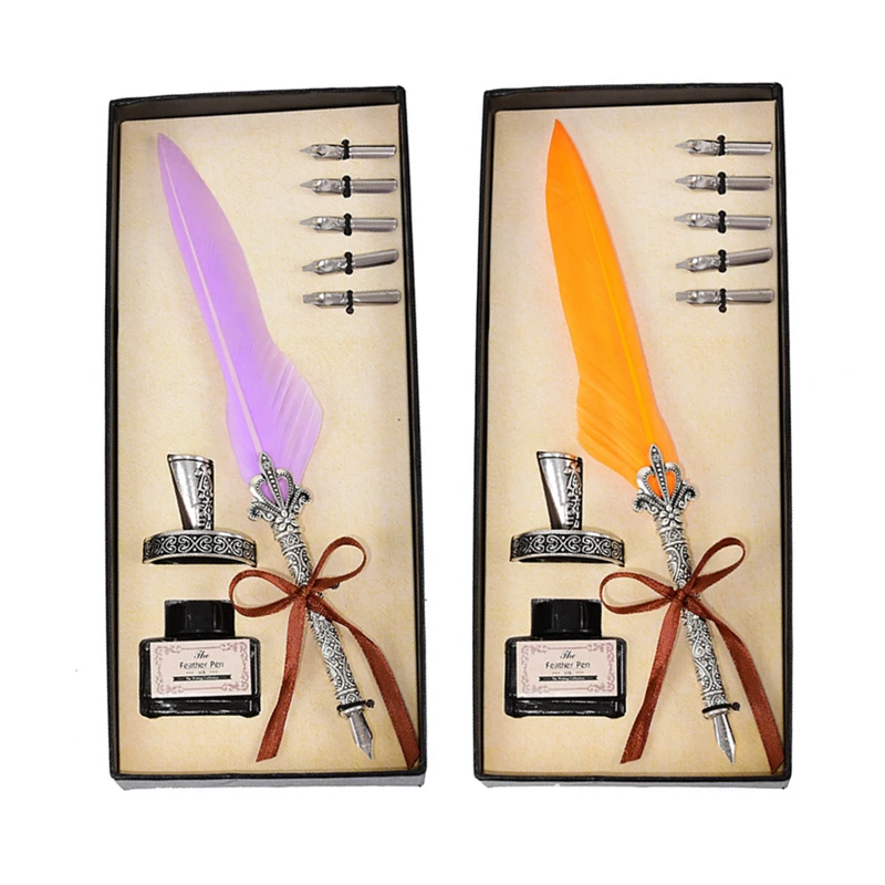 

YDNZC 12 Colors Delicate European Retro Feather Dip Pen Beautiful Holiday Gift Ink Pen Set For Sign Quill Pen Wedding Gift