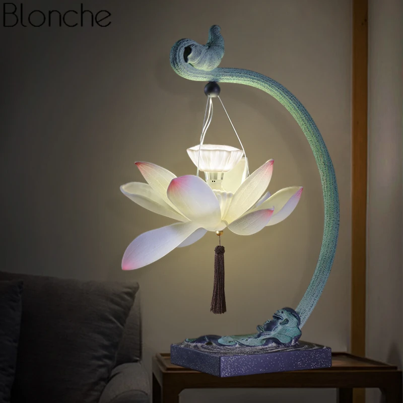 Chinese Style Lotus Table Lamp For Living Room Bedroom Bedside Study Retro Led Stand Desk Light Fixtures Lighting Luminaire