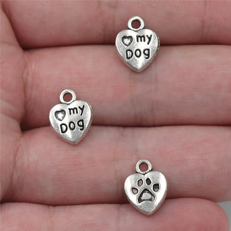 10pcs 13*10mm Antique Silver Charms Heart Love My Dog Pendants Dogs Paw Lover Jewelry