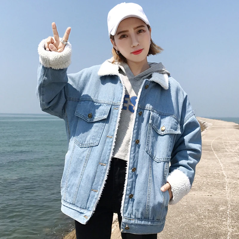 Blue Survêtement Manches Bleu À Femmes Qh1134 Veste Longues Printemps Manteau Denim Plus Denims light Cachemire Hiver Automne Femelle Jean Épais En xYa0qRAwU