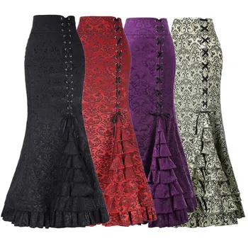 

Women Sexy Gothic Mermaid Skirt Vintage Floral Print Ruffe Lace Up Maxi Skirt Bodycon Slim Elegant Long Skirt