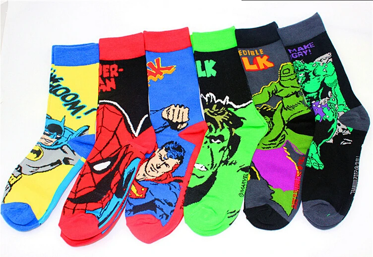 Розничная ; Лидер продаж; мужские классические носки с героями фильма «мстители», «Супермен», «Бэтмен», «Халк», «Человек-паук», 3 пара/лот