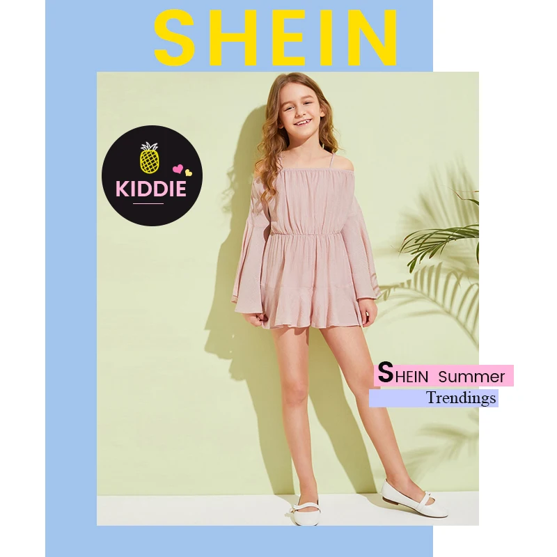 SHEIN детский розовый однотонный пляжный комбинезон с открытыми плечами для девочек, Boho, летний праздничный комбинезон с широкими штанинами и рукавами-воланами для детей