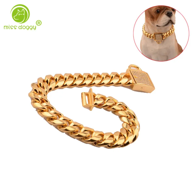 

14mm Durable Gold Dog Chain Fashion Dog Collar Personalized Puppy Collar for Small Dogs Pug Accessories collares para perro 10E