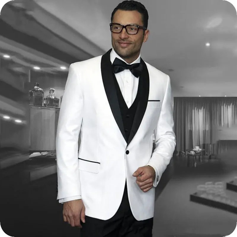 Black Shawl Lapel White Men Suits for Wedding Slim Fit Groom Tuxedo Best Man Blazer 3Piece Jacket Man Suit with Pants Vest Terno