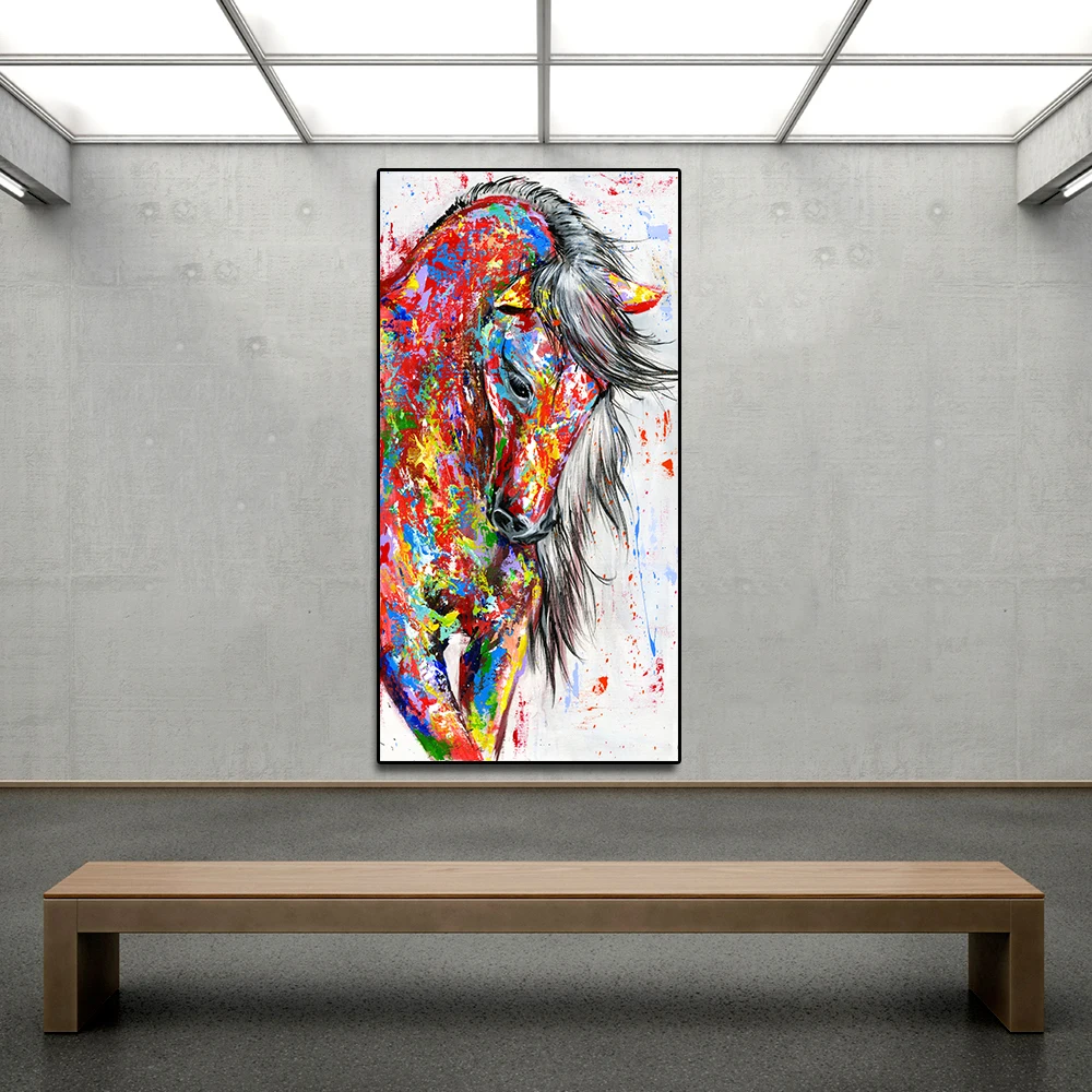AAVV Big Large Size Oil Painting Animal Wall Art Pictures for Living Room Home Decor Canvas Painting Running Red Horse No Frame