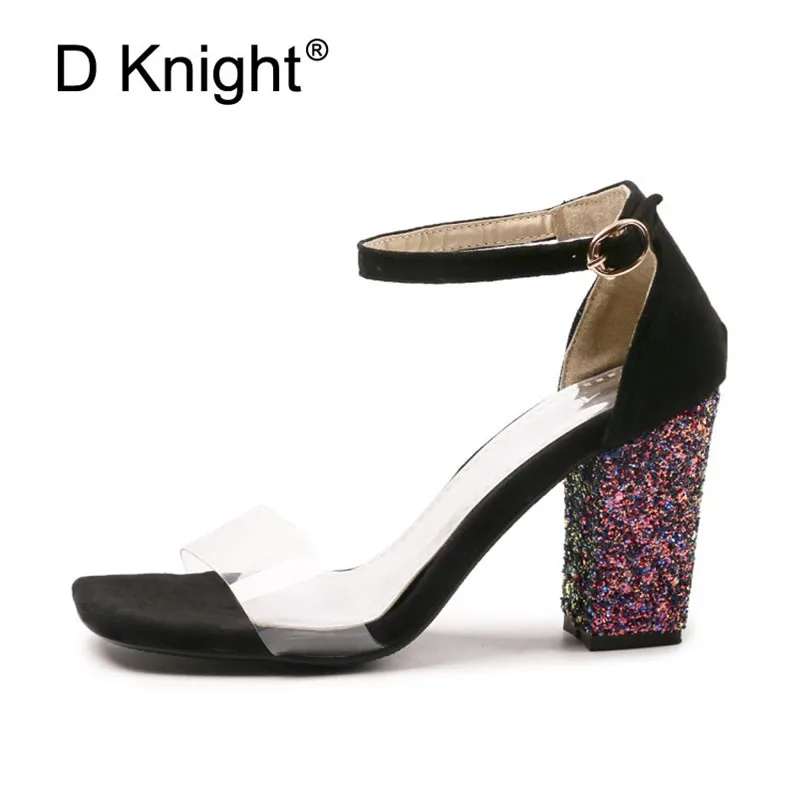 Big Size 52 Women Open Toe Strappy Ankle Strap Yellow Black Sandals Bling Transparent Clear Block Thick High Heel Sequined Shoes (30)