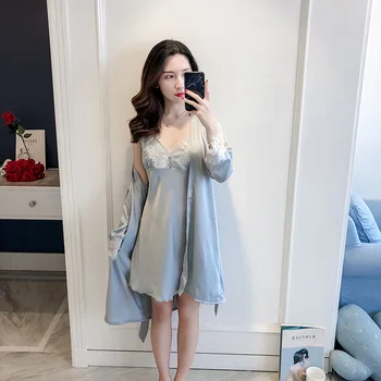 

Casual Female Summer Night Robe Sleepwear Sets Sexy Woman 2PC Strap Top Suit Pajamas Home Wear Nightwear Sleep Kimono Bath Gown