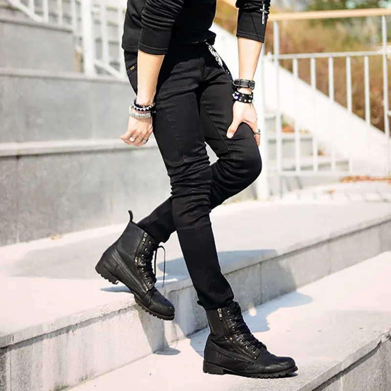 Idopy Hot Selling Men`s Korean Designer Black Slim Fit Jeans Punk Cool Super Skinny Pants With Chain For Male 4