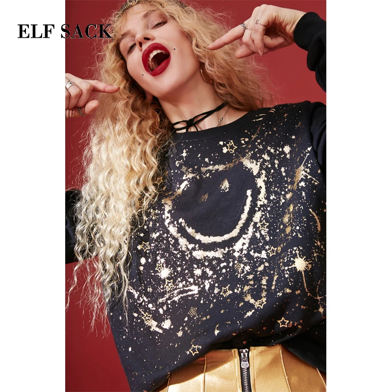  ELFSACK New Fashion Sweatshirts Woman O-Neck Print Casual Pullovers Women Hoodies Full Oversized Fe