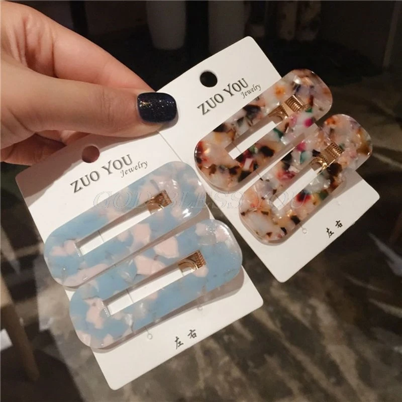 2Pcs/Pair Women Acetic Acid Hollow Geometric Hair Clips Colored Marble Textured Duckbill Hairpins Water Drop Rectangle Barrettes 2Pcs/Pair Women Acetic Acid Hollow Geometric Hair Clips Colored Marble Textured Duckbill Hairpins Water Drop Rectangle Barrettes