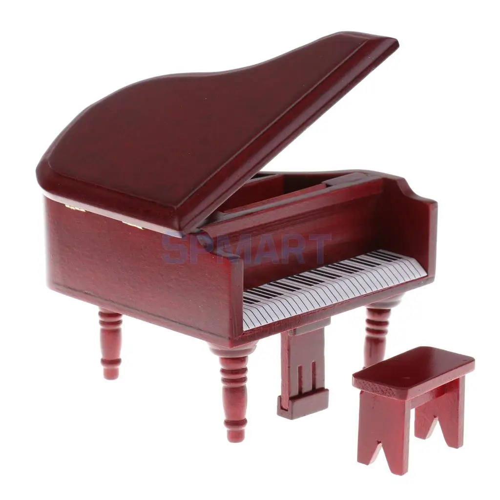 1/12 Scale Dollhouse Miniature Wooden Piano with Stool Set for 12th Dolls House Decoration Accessories