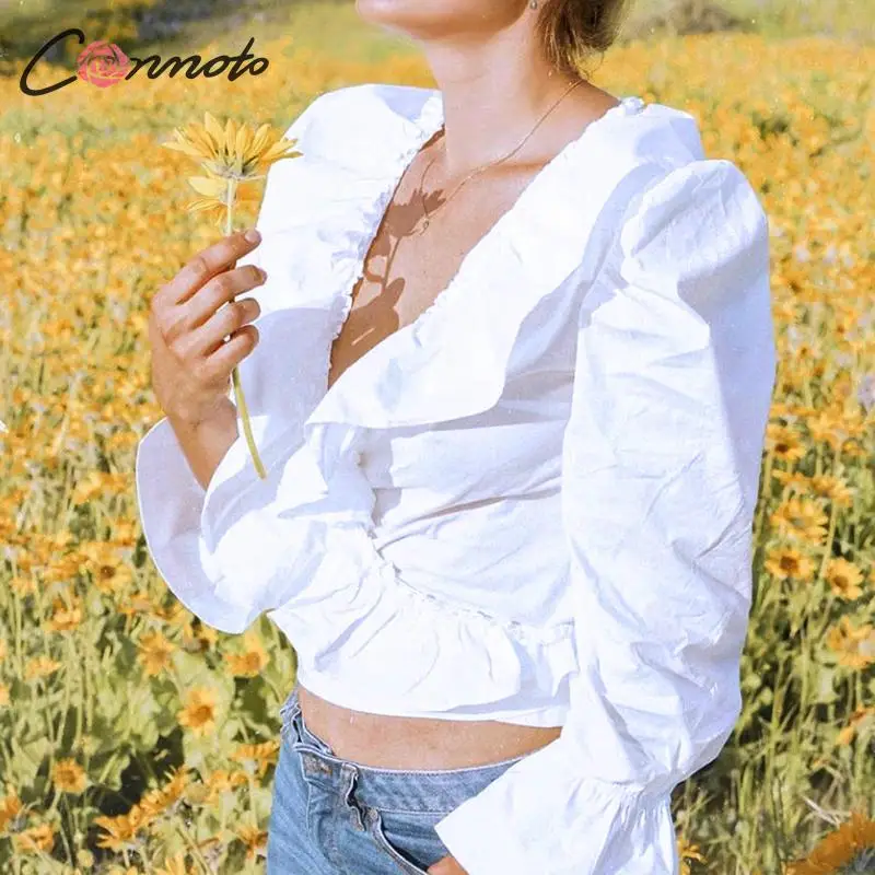 

Conmoto Women Vintage Ruffle Crop Tops and Blouse Female 2019 Autumn Fashion Wrap Lace up Short Shirt Mujer Bell Sleeves Blusa