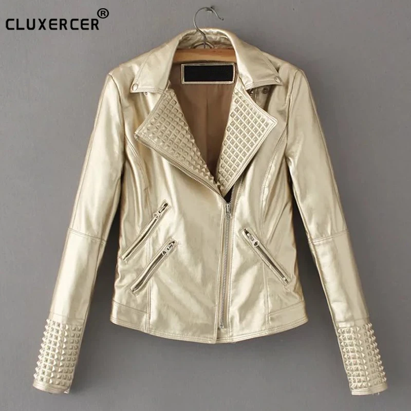 

2017 New Fashion Women Autumn Winter Faux Leather Jackets Lady Rivet Motorcycle Coat Biker Hot Silver Gold PInk Outwear