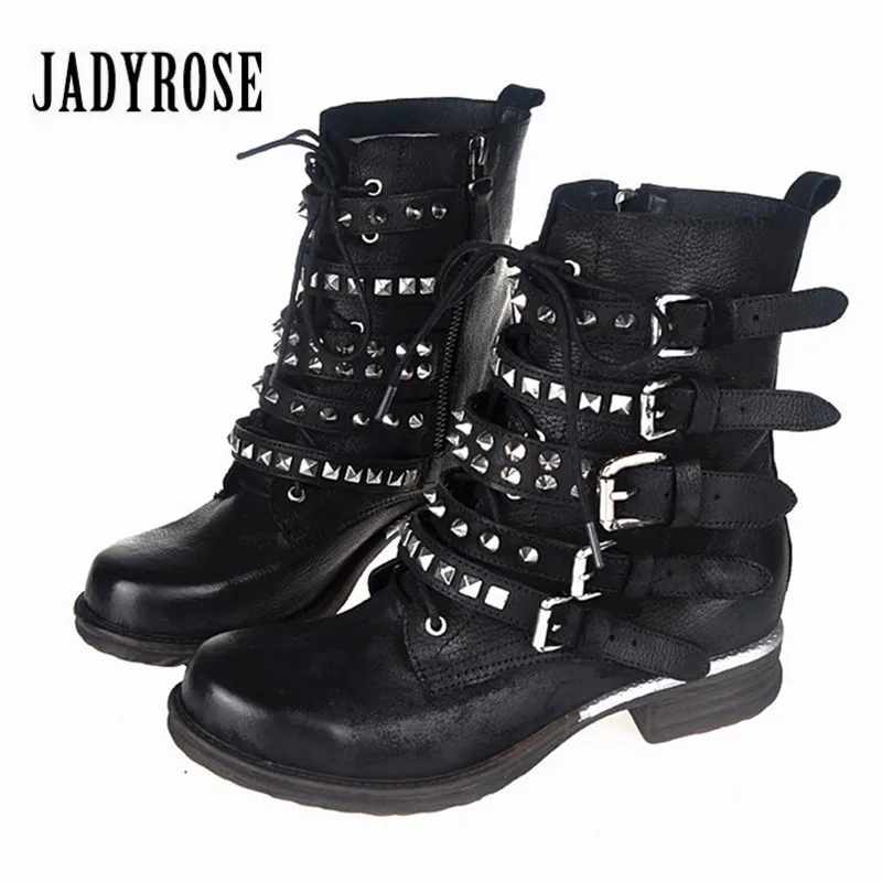 

Jady Rose Vintage Women Ankle Boots Rivets Studded Genuine Leather Short Botas Autumn Winter Female Platform Straps Martin Boot