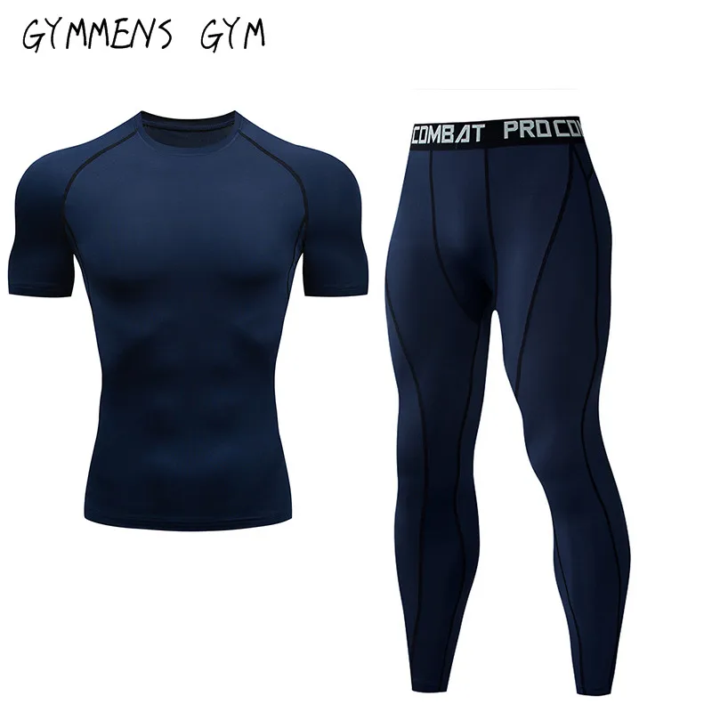

New Fitness Herrenanzug einfarbig Kompressionshemd + Leggings unten Marke MMA Langarm Sport schnell trocknende Kleidung