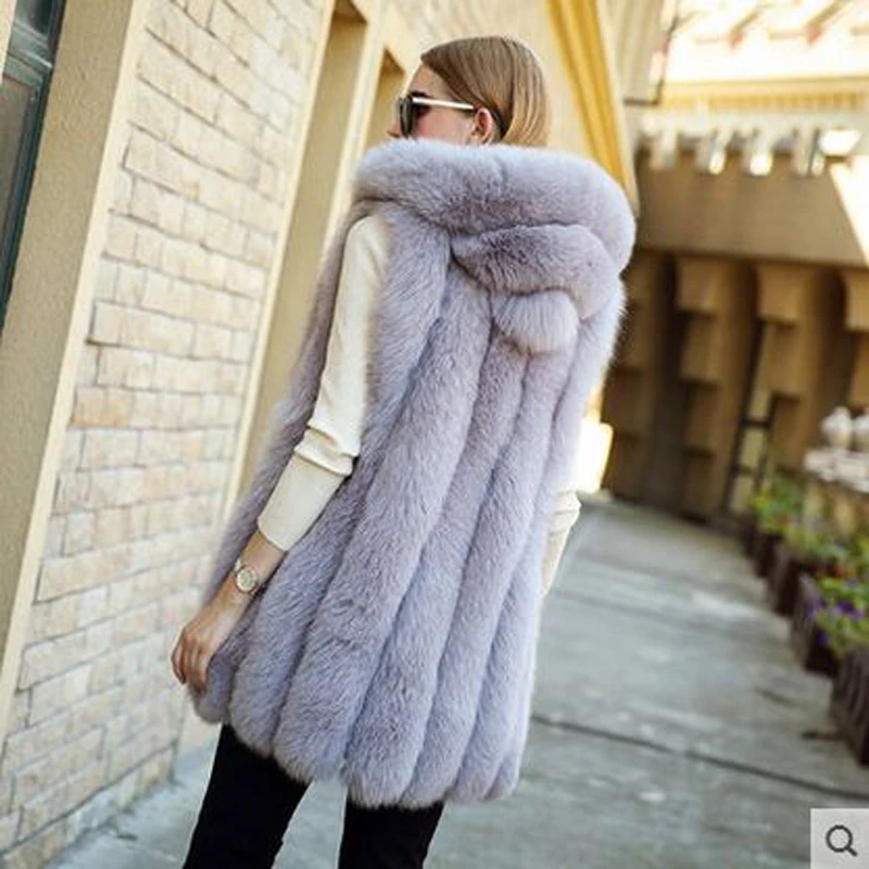 

2019 New fur vest Fur & Faux Fur silver fox fur coat hooded vest vertical stripe medium-long vest large size women
