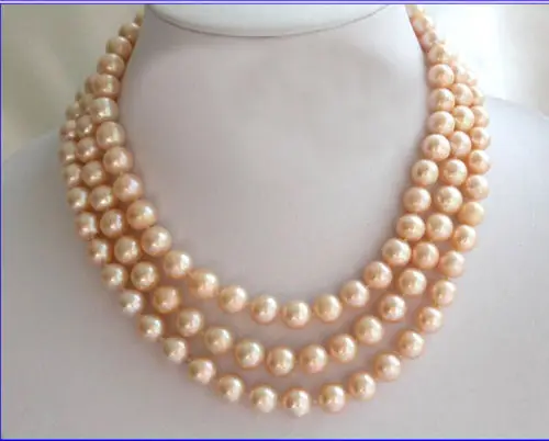 

Free Shipping >>>>> triple strands 9-10mm gold pink south seas pearl necklace 18-22inch 14K