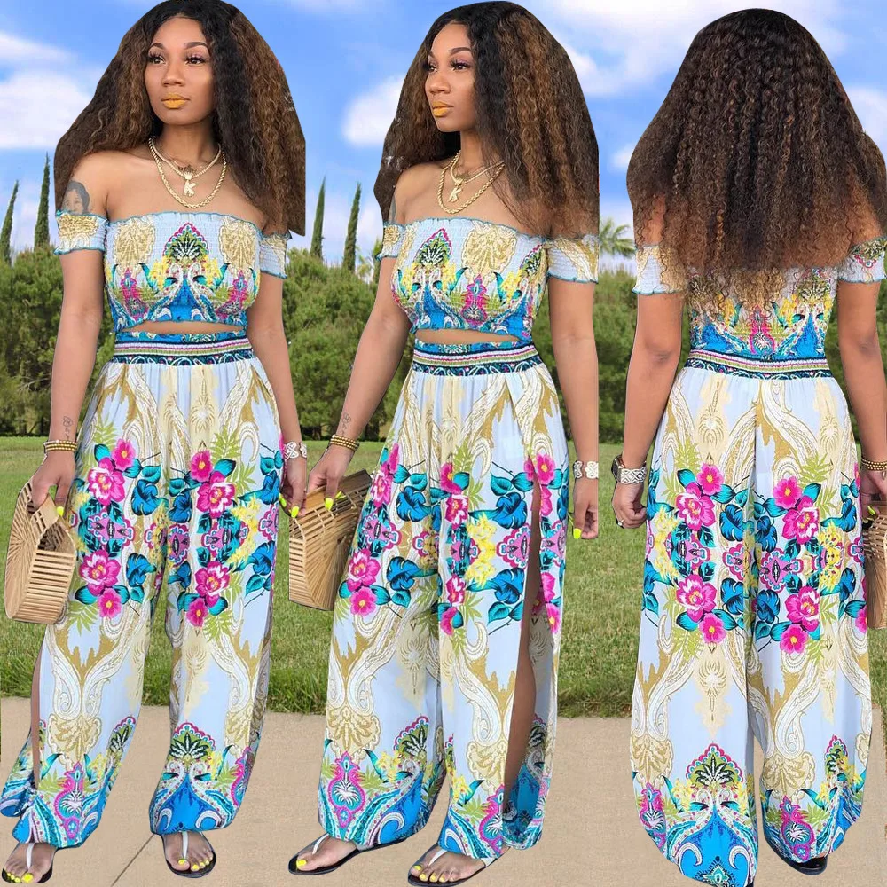 

Off Shoulder Slash Neck Crop Top and Pants 2 Piece Outfits Women Fashion Co-ord Festival Sets Print Suits 2019 Summer Clothing