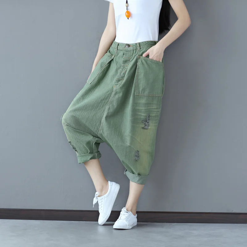 

Personality Hole Jeans Women Denim Harem Pants Trousers Casual Plus Size Loose Vintage Ripped Elastic Waist Baggy Jeans Woman