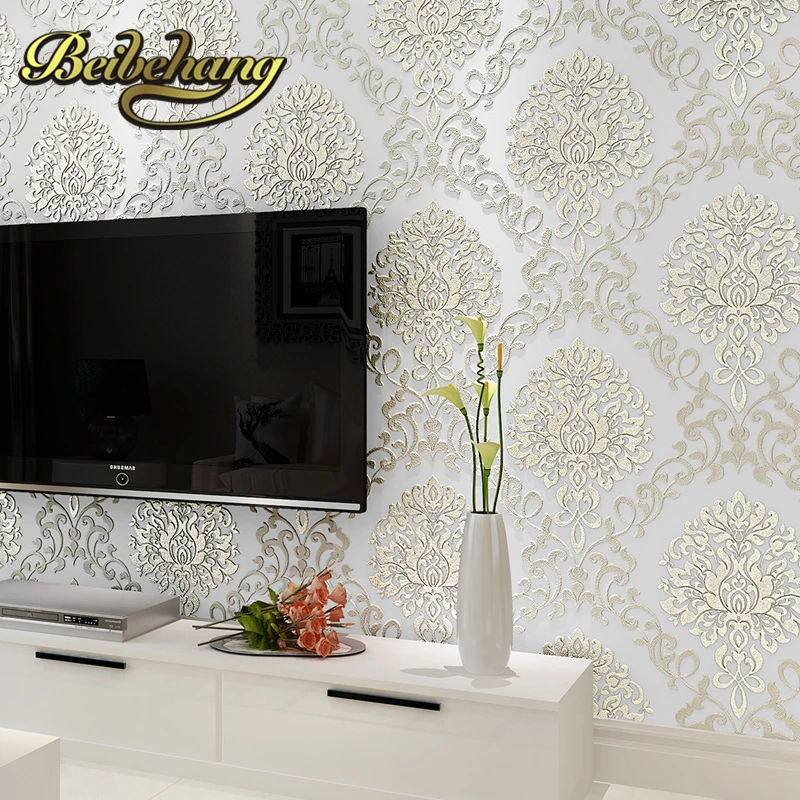 wall paper. Pune Jane European Damascus wallpaper 3D stereoscopic relief backdrop wallpaper non-woven wallpaper bedroom living r
