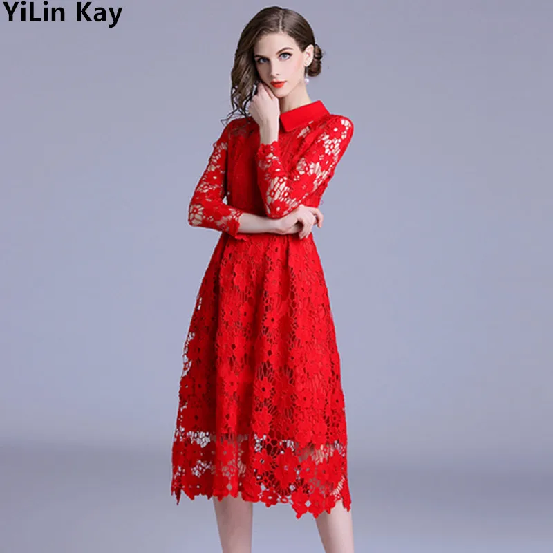 

YiLin Kay 2019 New Spring High Quality Runway Long Dress Women Elegant Red Long Sleeve Hollow Out Lace Patchwork Dress Vestidos