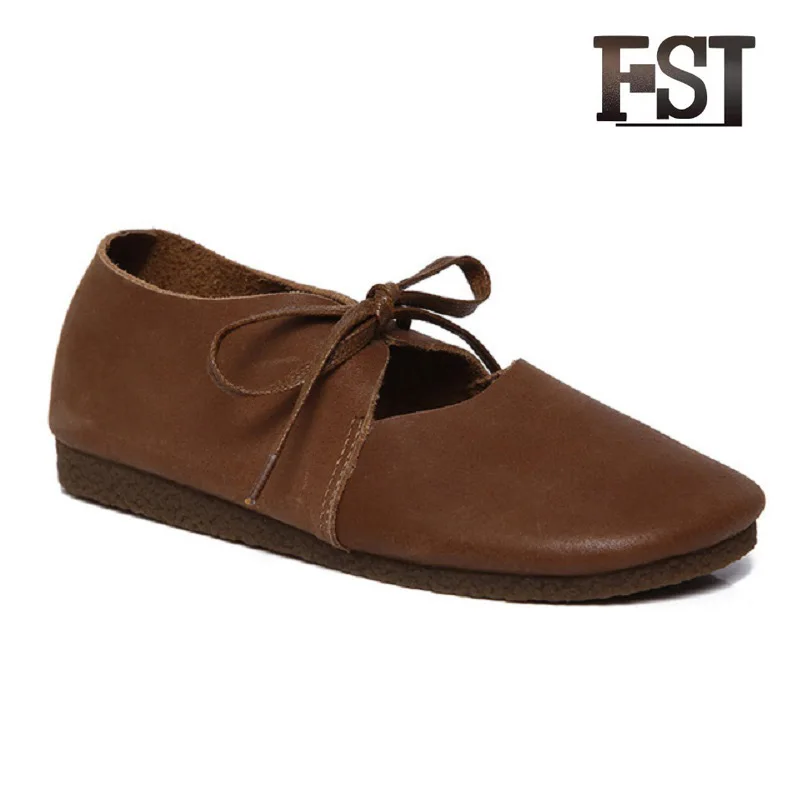 

FSJ Genuine Cow Leather Woman Summer Solid Lace Up Round Toe Flats Pigskin Sewing Casual Fashion Size 40 2019 Chocolate Color