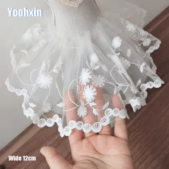 

12cm Wide HOT Cotton Embroidered White flower lace fabric sewing DIY trim fringe applique Ribbon collar guipure wedding decor