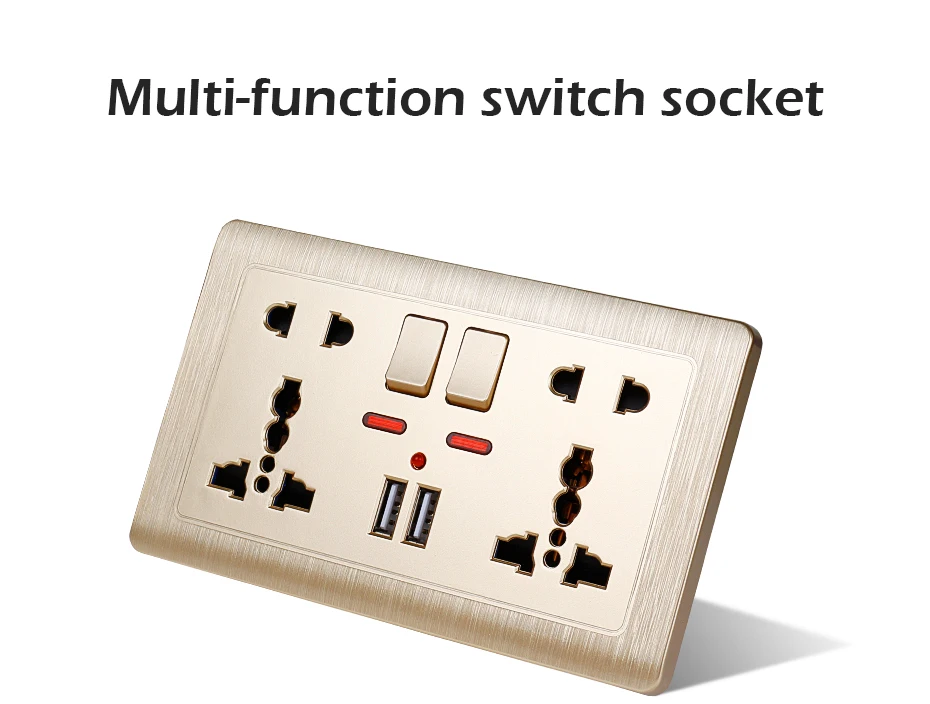 Minitiger Золотая настенная розетка, двойная универсальная 5 отверстий, переключаемая розетка 2.1A двойной usb-порт для зарядки светодиодный индикатор 146 мм* 86 м