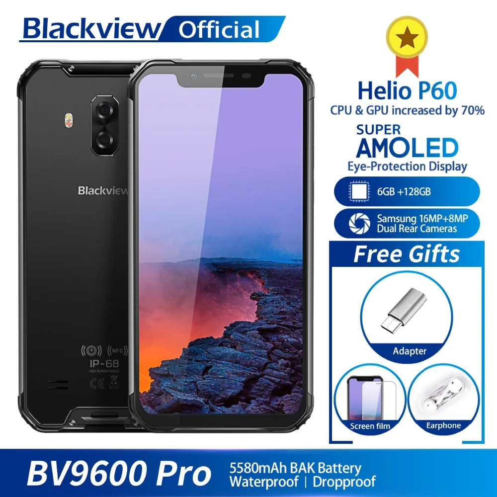 Blackview BV9600 Pro Водонепроницаемый мобильный телефон с IP68 Helio P60 6 ГБ + 128 ГБ 6,21 "19:9 FHD AMOLED 5580 мАч Android 8,1 смартфон с NFC