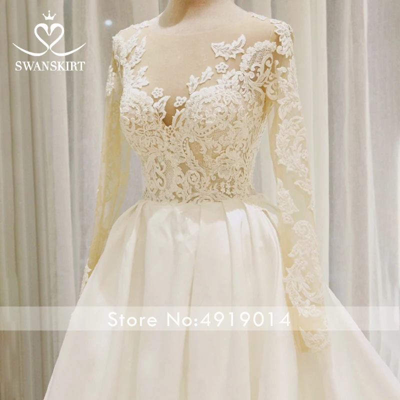 Swanskirt Совок атласные свадебные платья аппликации с длинным рукавом трапециевидной формы Часовня Поезд платье для невесты принцессы Vestido de Noiva I140