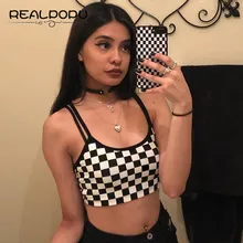 Realpopu эластичная трикотажная клетчатая майка на лямках для фитнеса, уличная одежда, облегающий Топ, модный летний