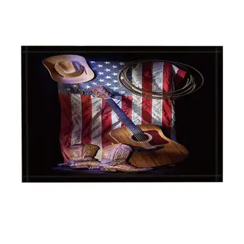 

Western Bath Rugs,Cowboy Roper Boots with Guitar on American Flag, Non-Slip Funny Indoor Outdoor Doormat