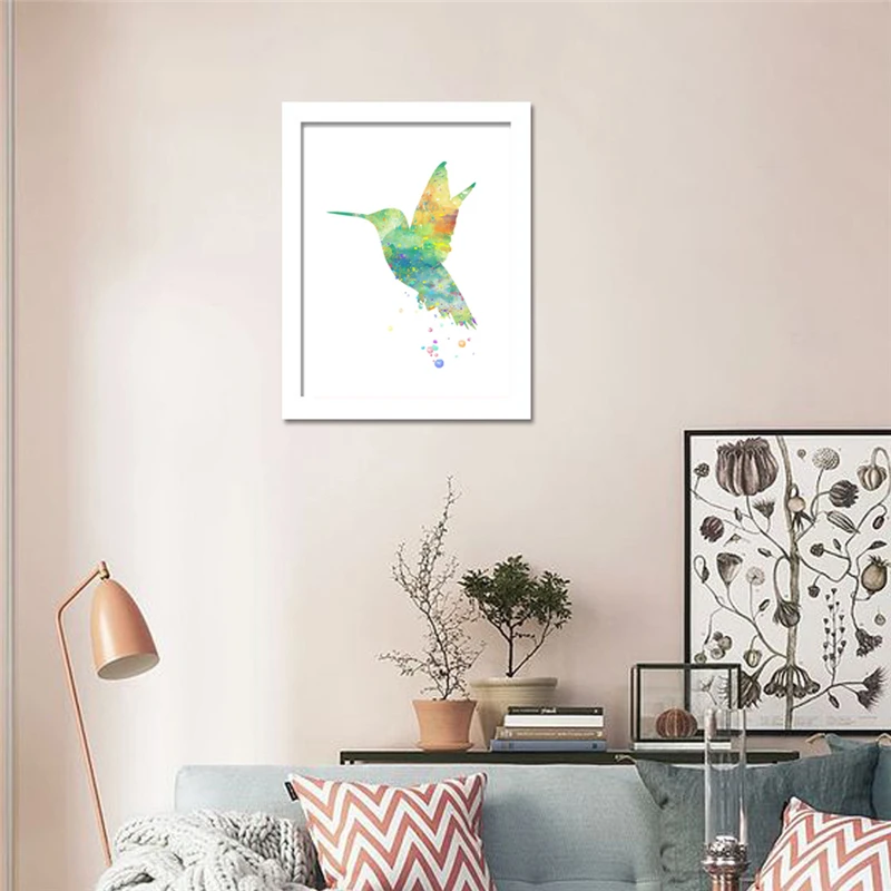 

HAOCHU Nordic Colorful Rainbow Silhouette of Hummingbirds Oil Canvas Painting Kids Nursery Room Decor Wall Picture Art Poster