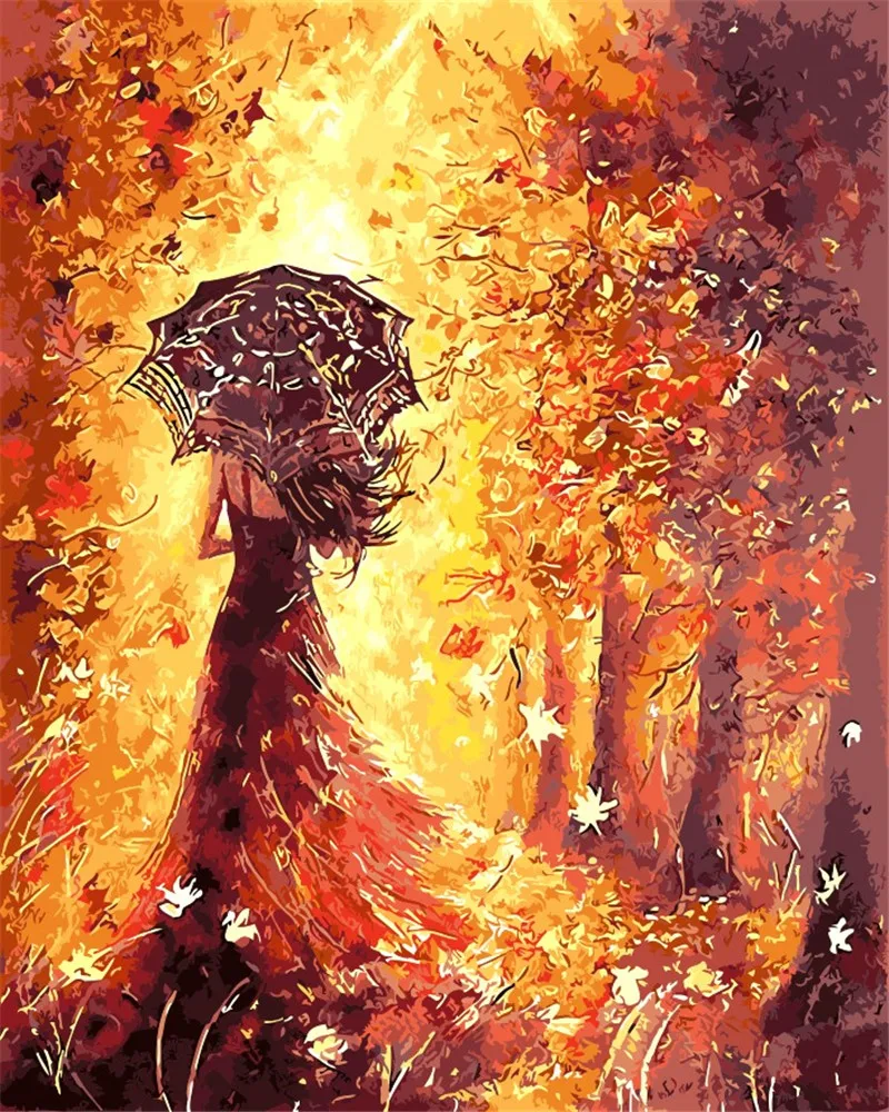 Girl with umbrella in autumn leaf DIY digital Painting By Numbers Paint