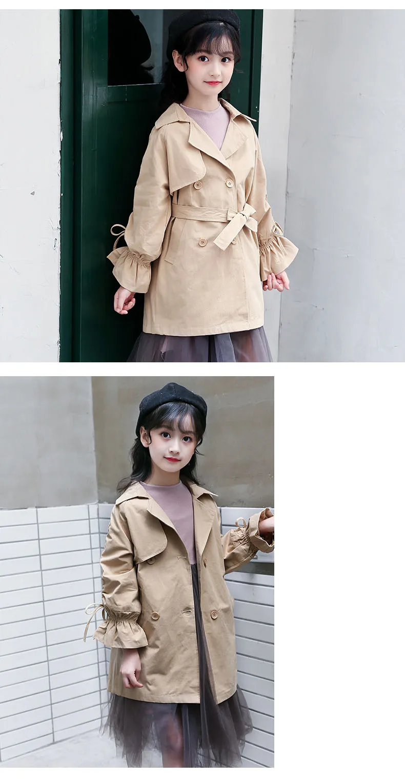 solid belt petal sleeve autumn coats kids clothes new 2018 autumn teenage girls long denim jackets children trench coat clothes  (10)