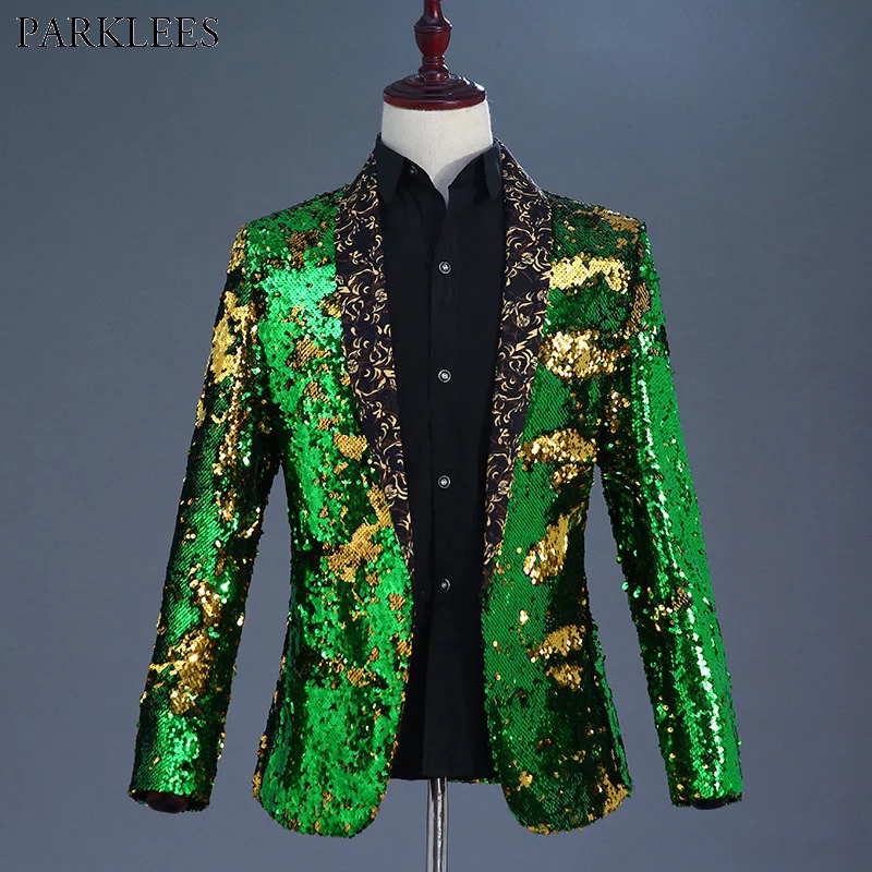 Shiny Green Flipping Sequin Bazer Jacket Men Prom Suit Blazer