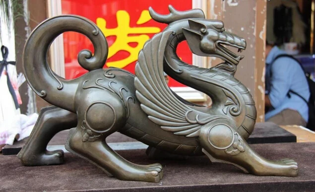 Оптовая продажа фабрики Китайский Чистая Бронза Медь талисман Foo Dog kylin Fly Крыло зверь Статуя Дракона