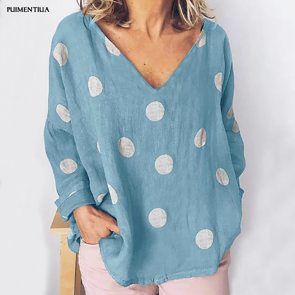 

Puimentiua 2019 Women's Sexy Deep V-Neck Loose T-Shirt Dots Tops Female Tee Wave Point Long Sleeves Casual Tops Spring Autumn