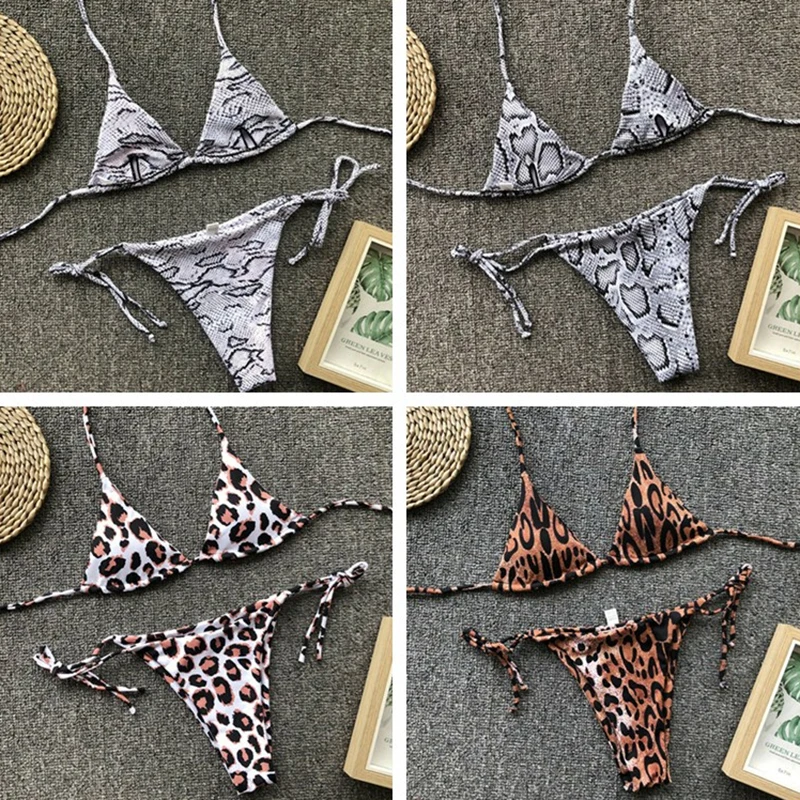 

Bikinis women triangle bathing pool clothes Padded animal leopard printed Brazilian push-up bra thong Halter swimsuit beachwear
