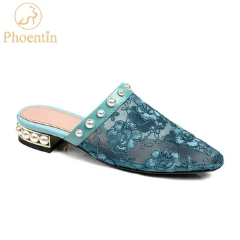 

Phoentin blue outdoor women slippers summer embroider flower lace slipper shoes female 2019 fashion string bead lady shoes FT425