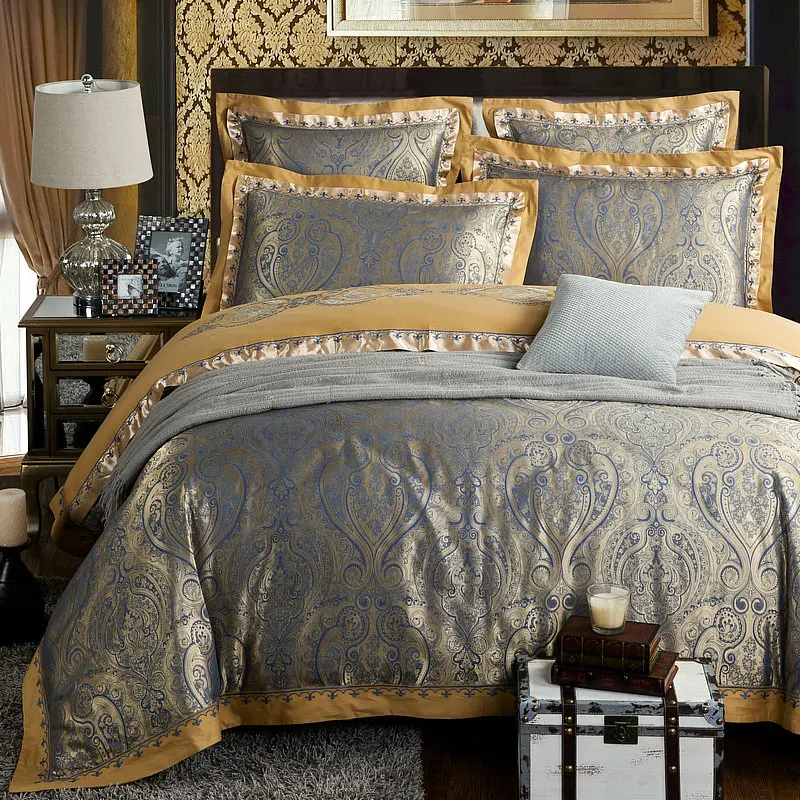 Waliicorners Gold Silver Beige Luxury Silk Jacquard Bedding set Queen King size Duvet cover set Embroidery Bed sheet Linen set Pillowcases 52 IMG_5820