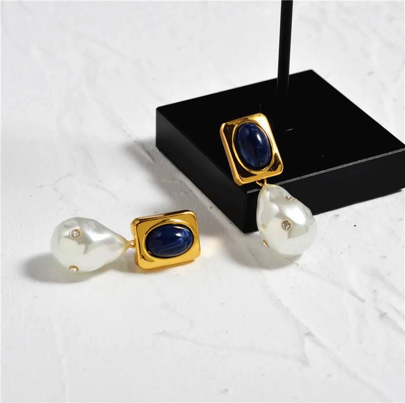 

Brand wedding jewelry blue stone with gold metal pearl earrings irreguar drop earrings france brand imitation jewelry