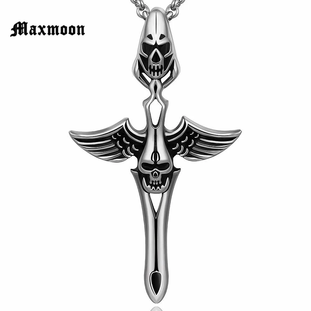 

Maxmoon Titanium Stainless Steel Charm Skeleton Skull Head With Wings Pendant & Necklaces for Men Jewelry