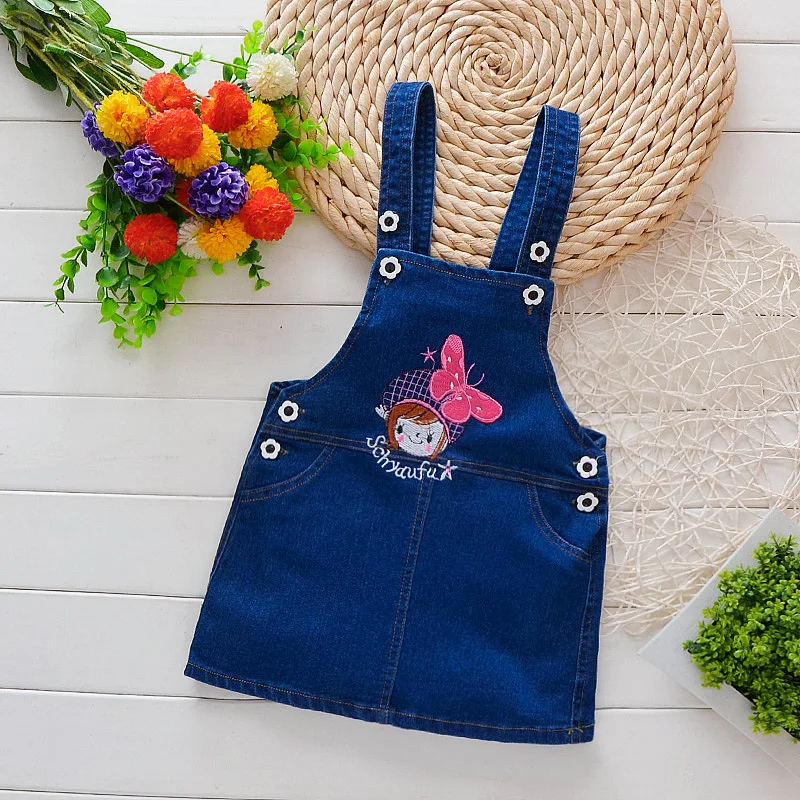 Girls bib dress summer new cartoon sleeveless jean dresses for kids